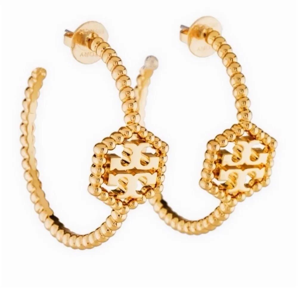 TORY BURCH MILGRAIN HEX HOOP EARRINGS GOLD TONE